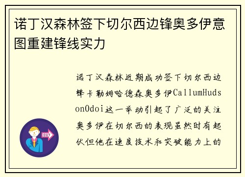 诺丁汉森林签下切尔西边锋奥多伊意图重建锋线实力